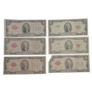 Lot of 5 1928 and 1 1953 $2 Dollar Bills Red Seal - 2 Uncirculated